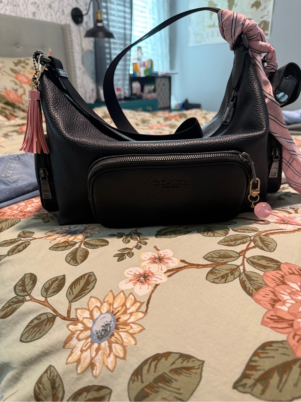 Coach Black Pebbled Leather Shoulder Bag with Pink Tassel and Scarf NWT